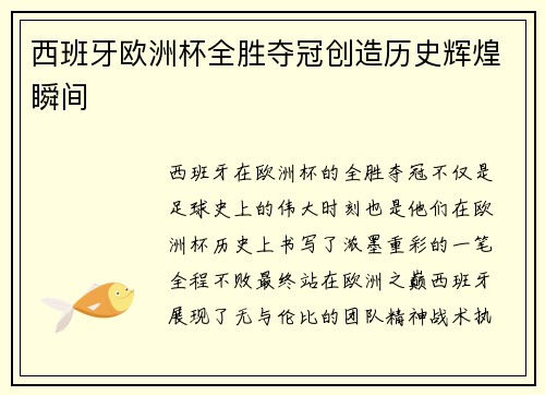 西班牙欧洲杯全胜夺冠创造历史辉煌瞬间 西班牙欧洲杯全胜夺冠创造历史辉煌瞬间