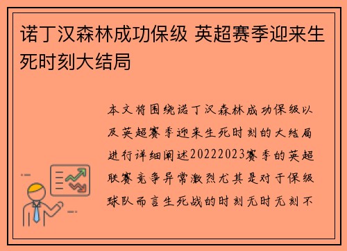 诺丁汉森林成功保级 英超赛季迎来生死时刻大结局